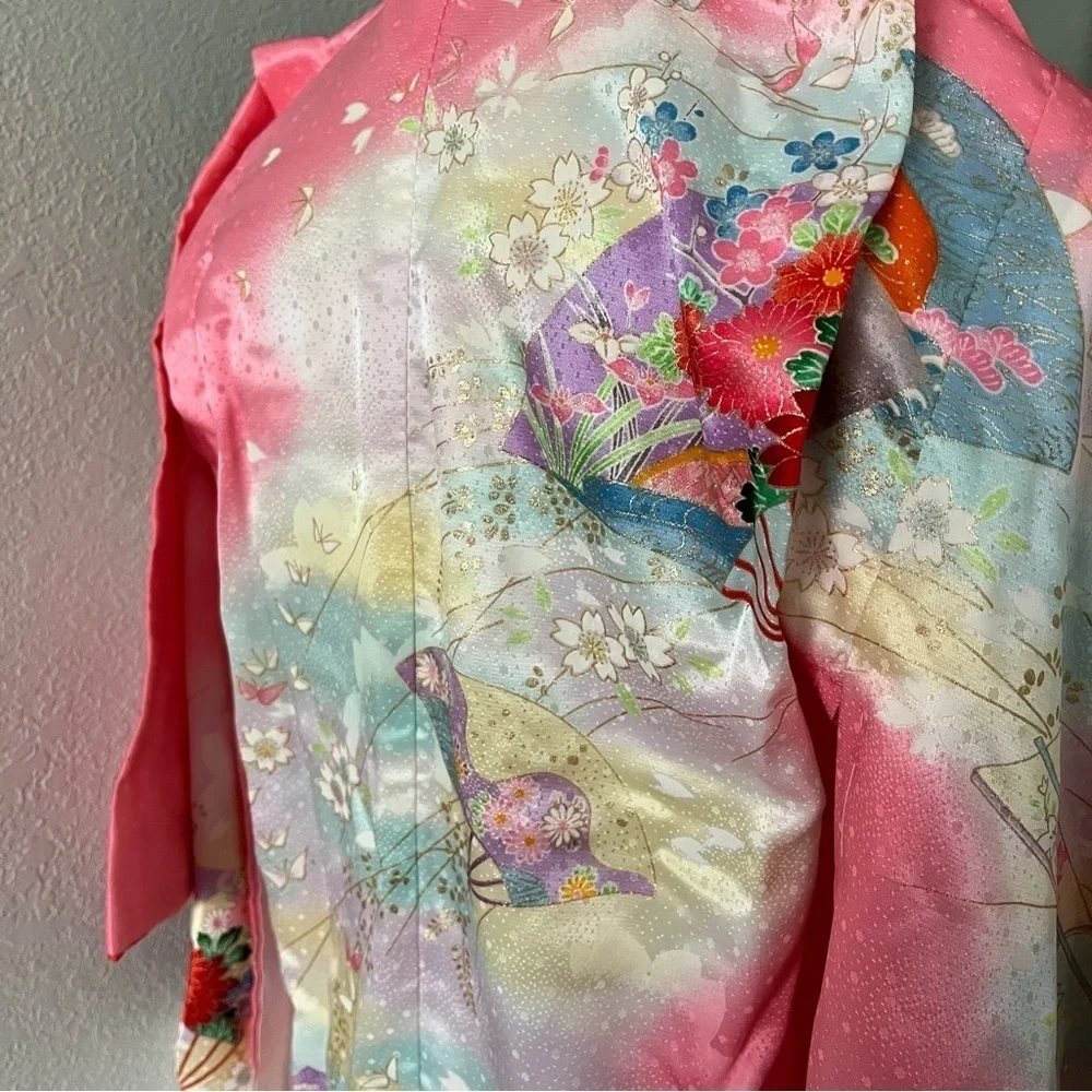 VINTAGE Girl's Pink Kimono Butterflies Flowers Ombre w/ Orange Tie - Picture 8 of 16